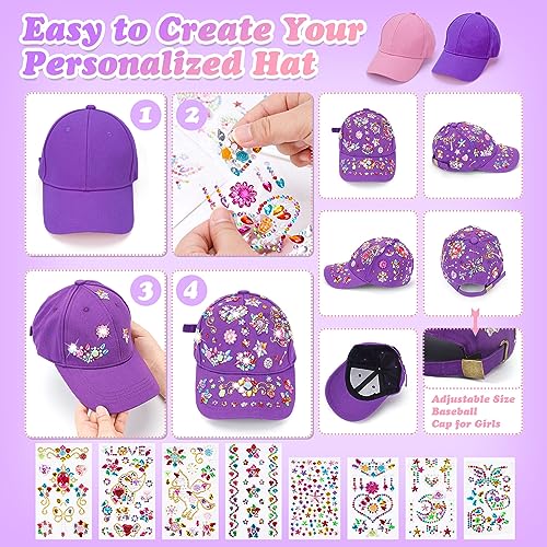 LITTLEFUN Decorate Your Own Baseball Cap with Glitter Gem Stickers for Kids Crafts Toys Gifts - Girls Birthday Presents