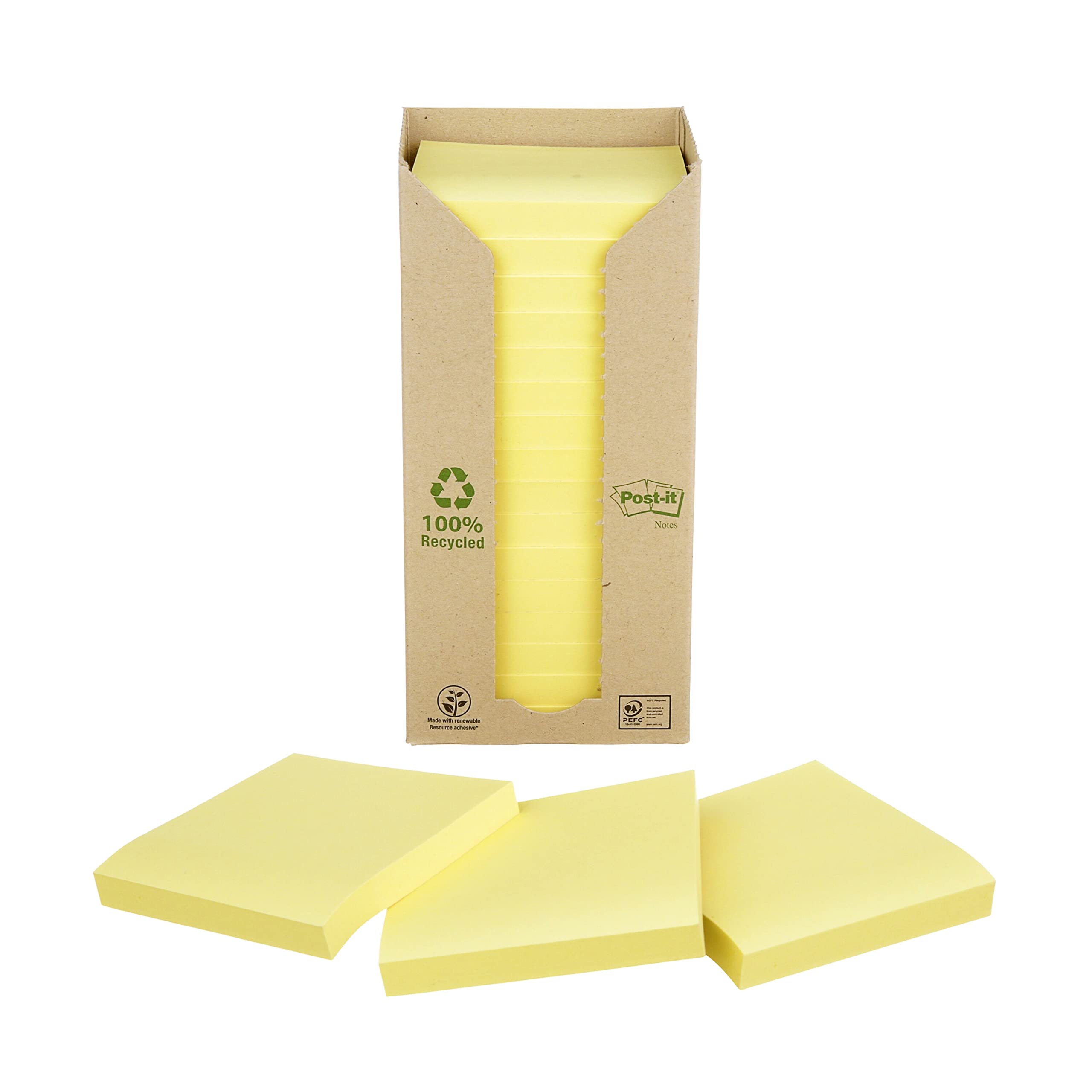 Post-it Recycled Notes - Canary Yellow - Tower Pack of 16 Pads 100 Sheets Per Pad - 76 mm x 76 mm