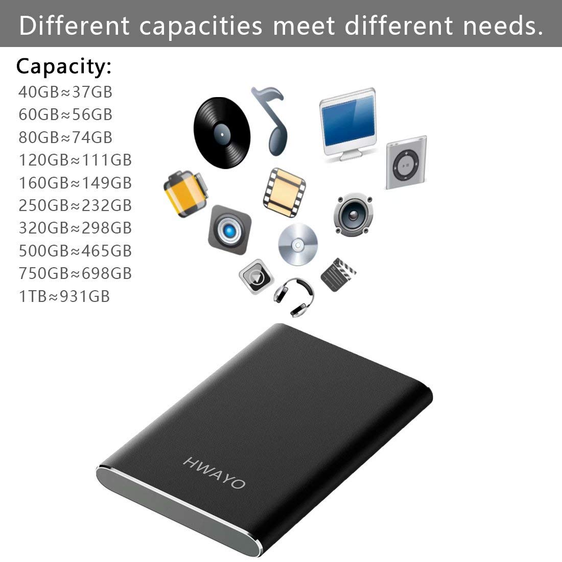 1TB Portable External Hard Drive, USB3.1 Gen 1 Type C Ultra Slim 2.5'' HDD Storage Compatible for PC, Desktop, Laptop, Mac, Xbox One (Black)