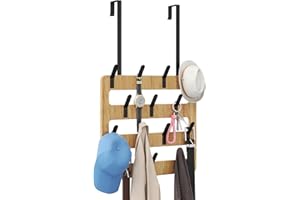 CHJgroup Over The Door Hooks Hangers Tower Rack, Heavy Duty, Non-Scratch, 14 Hooks, with Wooden Board, Towel Hat Coat Purse Bra Organizer for Bathroom Bedroom Kitchen, Matte Black