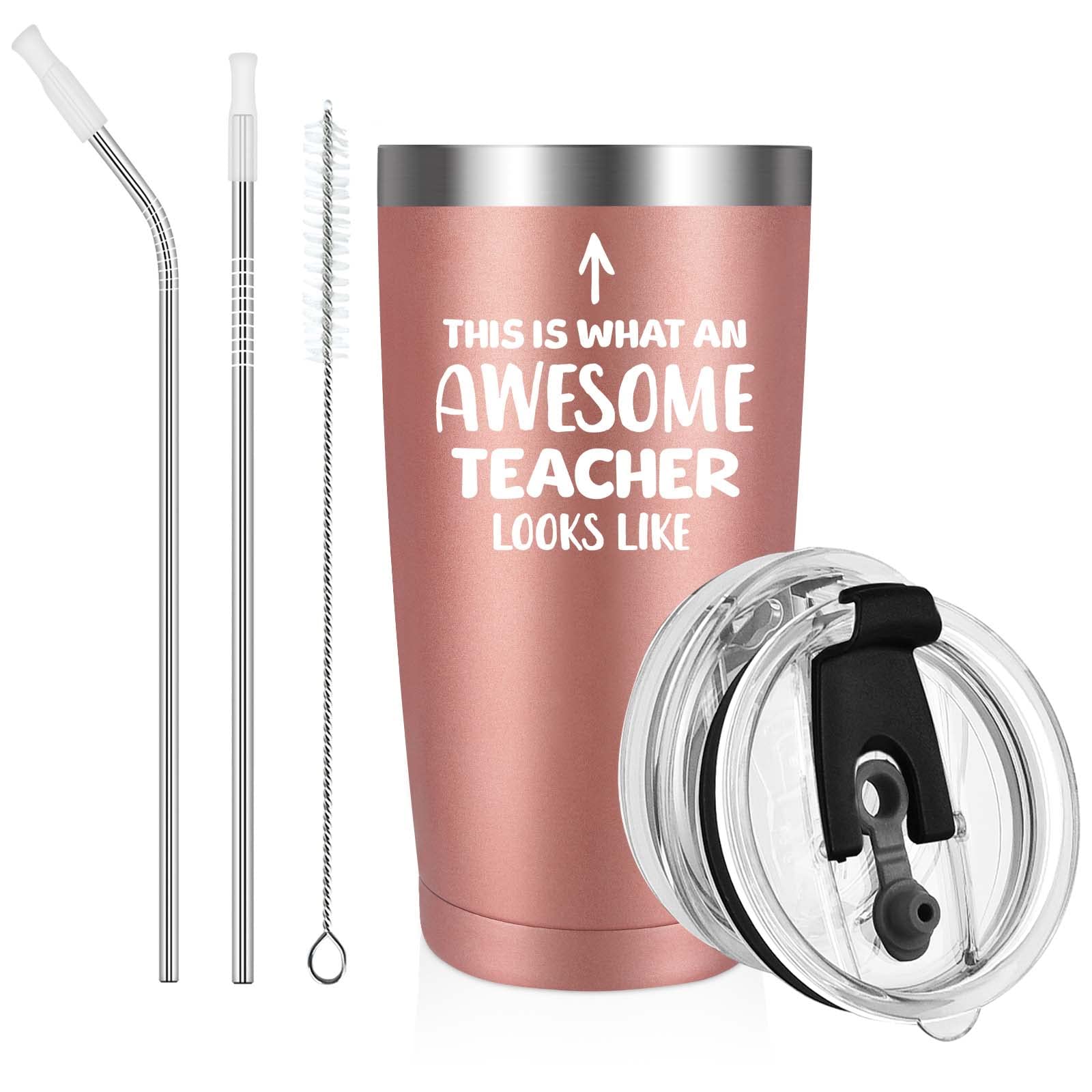 Livole End of Year Gifts Teachers，Teachers Gifts Women，Teacher Leaving Gifts，Thank You Teacher，Awesome Teacher，12OZ Double Walled Coffee Cup w/ Straw and Lid，600ml Insulated Coffee Mug，20oz-rose Gold
