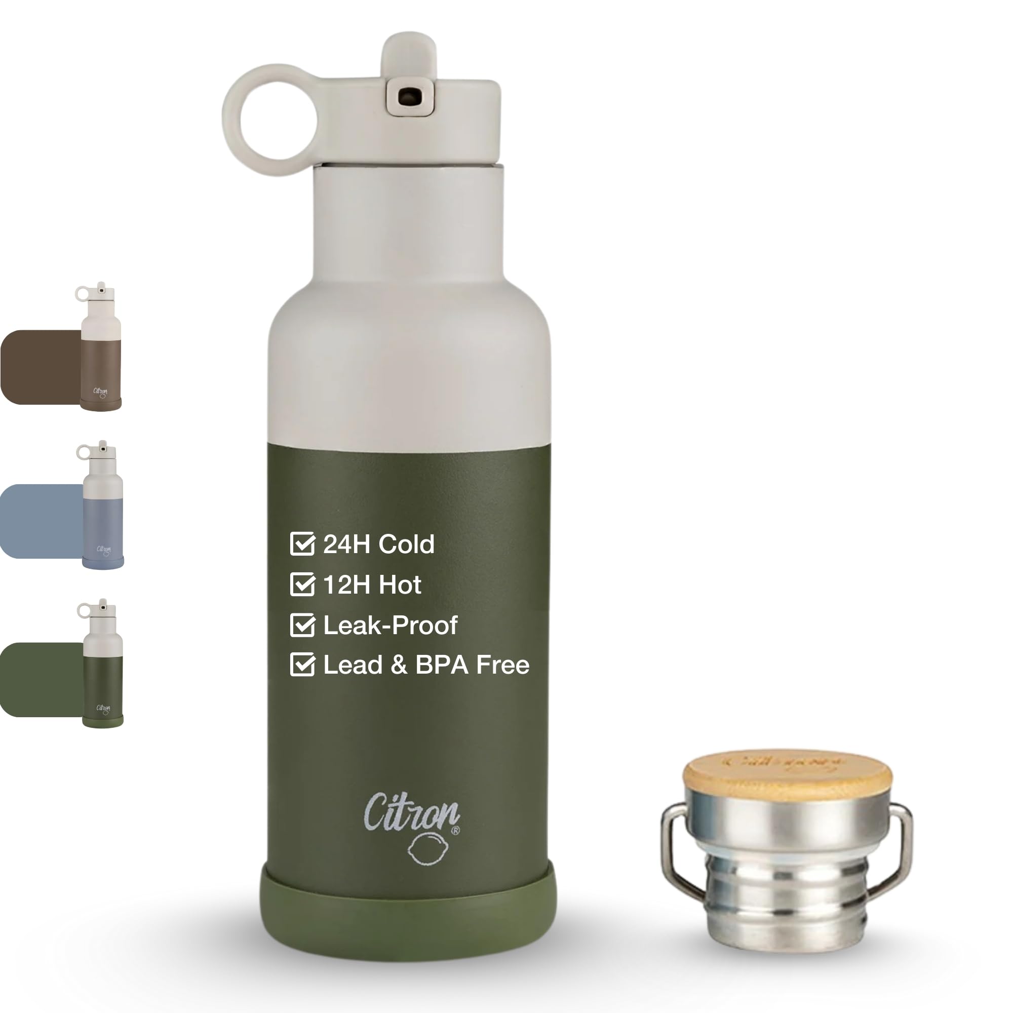 Citron Insulated Water Bottle Stainless Steel, Green – 500ml, BPA & Lead-Free, Leak Proof Straw/Flask Lids – Keeps Liquids Cold for 24 Hours & Hot for 12 Hours - 16.91 oz