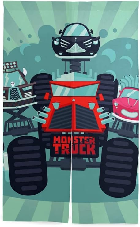 Amazon Tinzzeros のれん おしゃれ モンスタートラック漫画イラスト大きな車 和柄 暖簾カーテン 飲食店 リビング用 日よけ暖簾 ポーチ 風景 大人 開運のれん 突っ張り棒付き 幅85 丈150 のれん オンライン通販