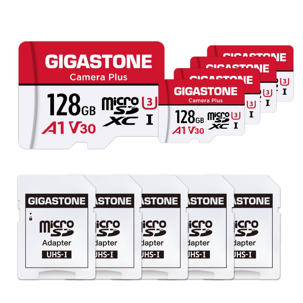 GIGASTONE Micro SD Card 128GB 5-Pack, Camera Plus, MicroSDHC Memory Card for GoPro, Wyze Cam, Roku, Full HD Video Recording, UHS-I U1 A1 Class 10, up to 100MB/s, with MicroSD to SD Adapter