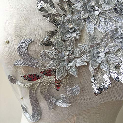 Exquisite Silver Crystal Flower Applique Embroideried Sequins Details Floral Motif Sew onto Lyrical Dance Dress Prom Dress Evening Gown