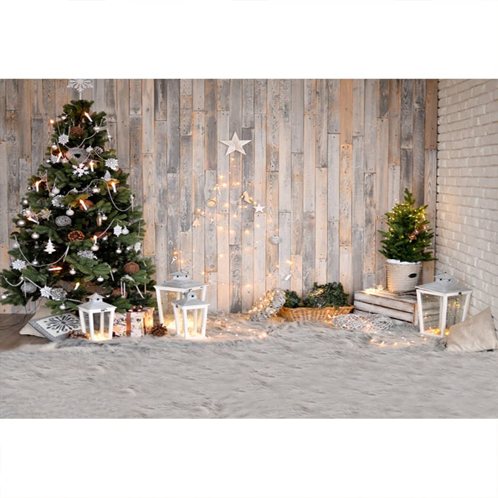 YongFoto 12x8ft Photography Backdrop Christmas Tree Shining Lights Lantern Carpet Wood Plank Interior Photo Background Backdrops Photography Photo Shoots Party Kids Portrait Photo Studio Props