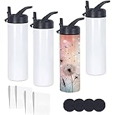 oaptuza 20 Oz Sublimation Tumbler Bulk Skinny Straight, 4 Pack Sublimation Water Bottles Blanks with Handle Straw Lid, Insulated Stainless Steel Tumbler Cup for Heat Transfer