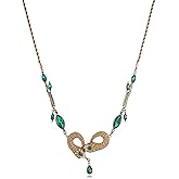 HZMAN Adjustable Green Crystal Snake Necklace for Women, Vintage Handmade Brass Pendant with Diamond-Cut Teardrop & Wheat Chain, Retro Jewelry Gift