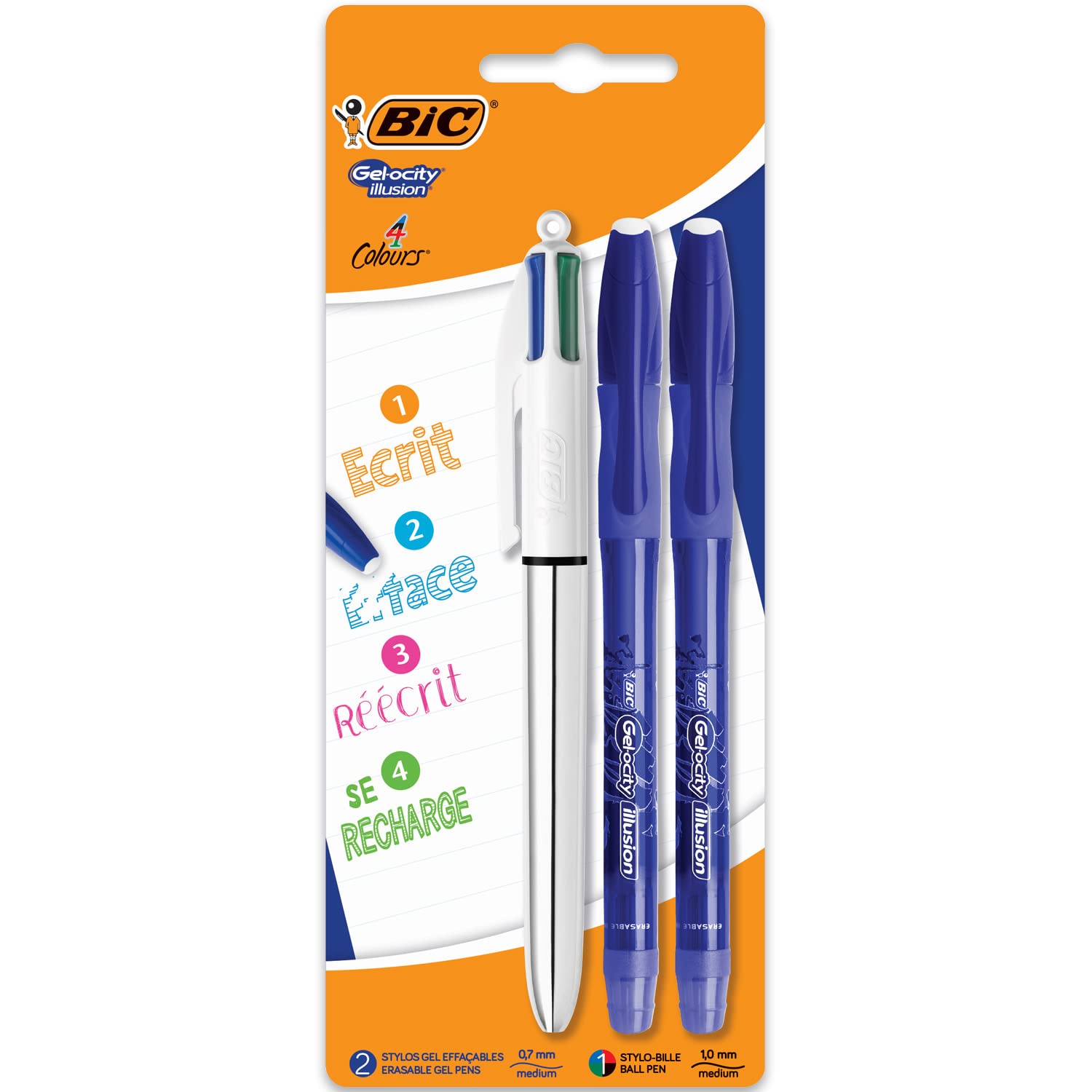 BIC Gel-ocity Illusion - 4 Colour Pen + 2 Blue Erasable Gel Pens - Blister Pack of 3 Pens