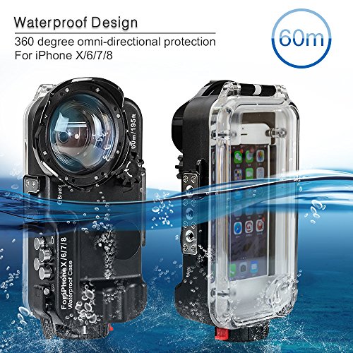 MEIKON iPhone X/6/7/8 Waterproof Case Black Bluetooth Control,195FT/60M IPX8 Certified Waterproof Underwater Swimming Diving Surfing Snorkeling case with Wide Angle Dome Port Lens(NO Battery)