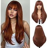 YKHJH Auburn Long Wigs for Women,28 Inch Ginger Synthetic Hair,Red Brown Long Straight Wig with Bangs, Glueless Colored Womens Wigs for Cosplay Party Halloween (Auburn)