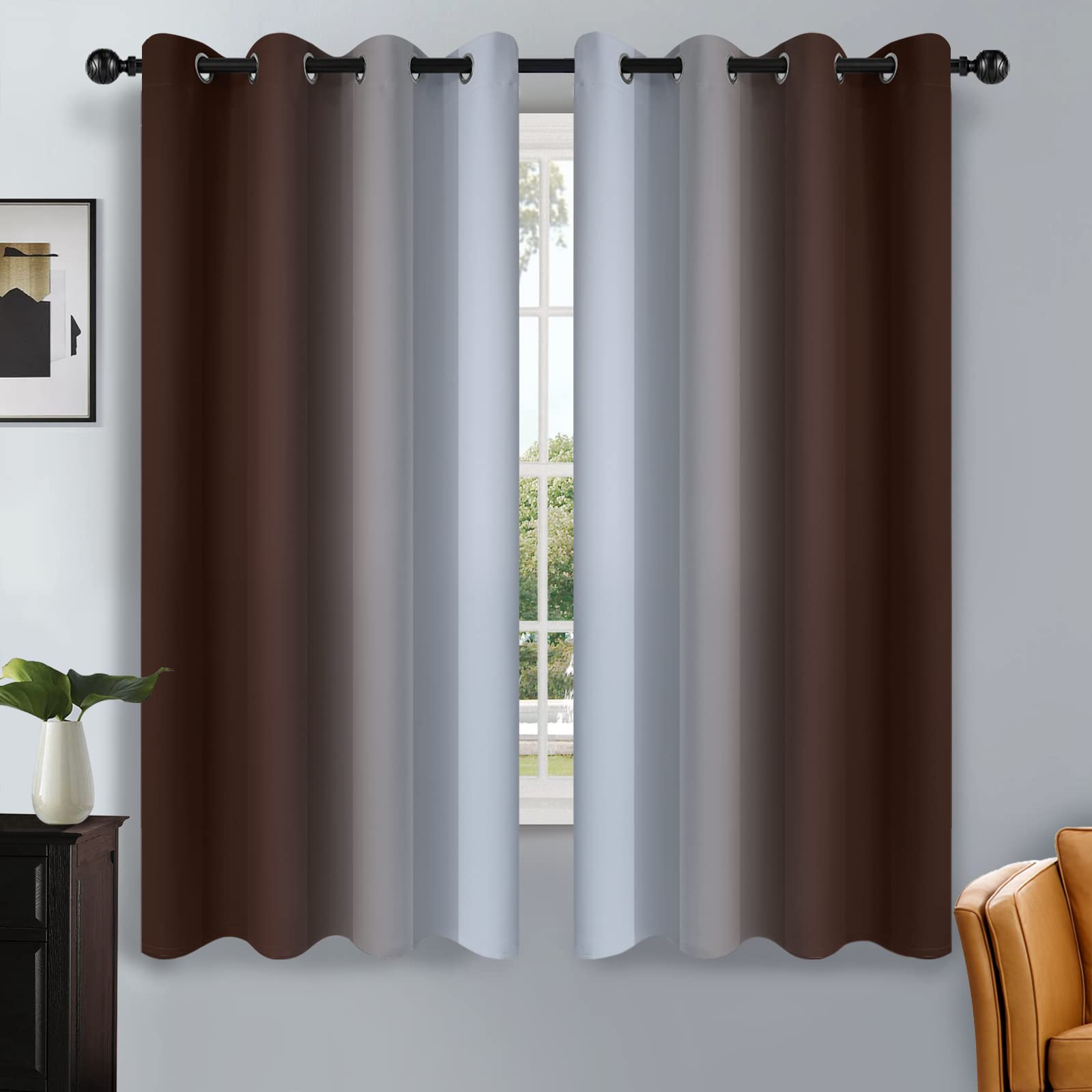 SimpleHome Darkening Curtains Ombre for Living Room and Bedroom - Gradient from Brown to Grey White, Light Blocking, Thermal Insulation, 2 Panels, 132 cm