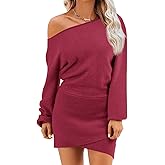 Wenrine Women's Off The Shoulder Sweater Dress 2025 Fall Winter Casual Long Sleeve Knit Slim Fit Pullover Mini Dresses