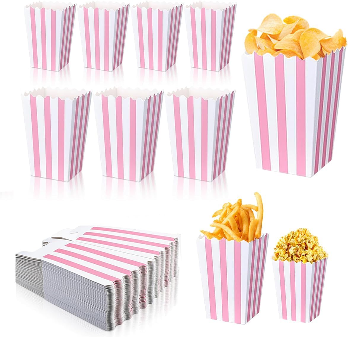 Photo 1 of 40 Pcs Paper Pink Popcorn Boxes, Pink Popcorn Bags with White Striped, Popcorn Boxes for Party, Popcorn Holders for Party Birthday Favor Supplies.(40 boxes small)