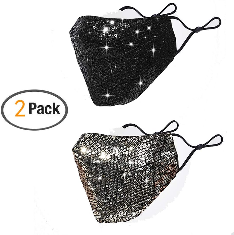 2Pack Sequins Face Mask Shiny Glittery Mask Dust-Proof Wind-proof Breathable Mask Windproof Washable Safety Halloween