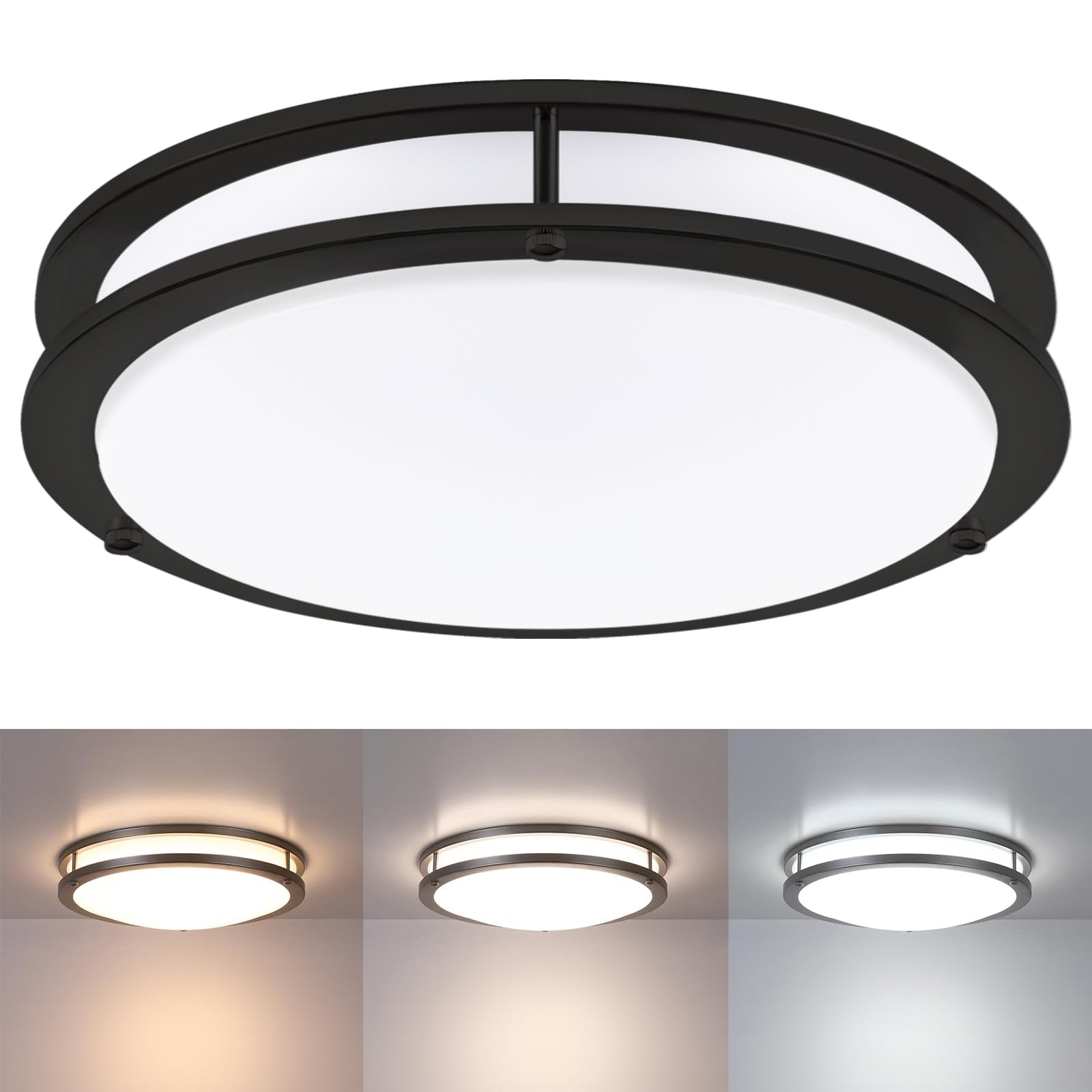 Faymart lighting 16 Inch Black Flush Mount Ceiling Light Fixture for Bedroom Bathroom, Matt Black LED Ceiling Light 3000K/4000K/5000K Dimmable Flush Mount LED Hallway Fixture, 16in, 25W Image