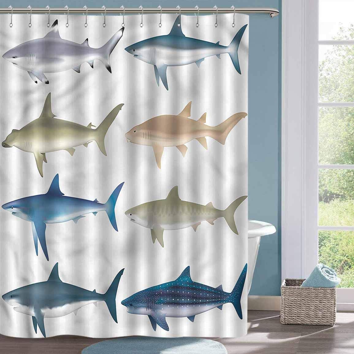 White Shower Curtain Shark Types of Ocean Sea Mammals Bathroom Curtains W70 xL74