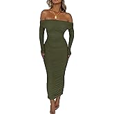 PRETTYGARDEN Women's Fall Off The Shoulder Maxi Dress Spring Long Sleeve Ruched Fitted Bodycon Club Dresses with Slit