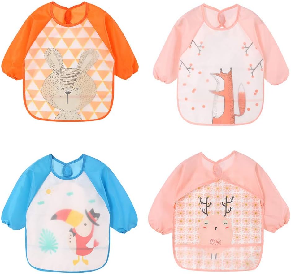 HaimoBurg 4 Pcs Long Sleeved Baby Toddler Bibs Double Material Waterproof Sleeved Bib 12-36 Months