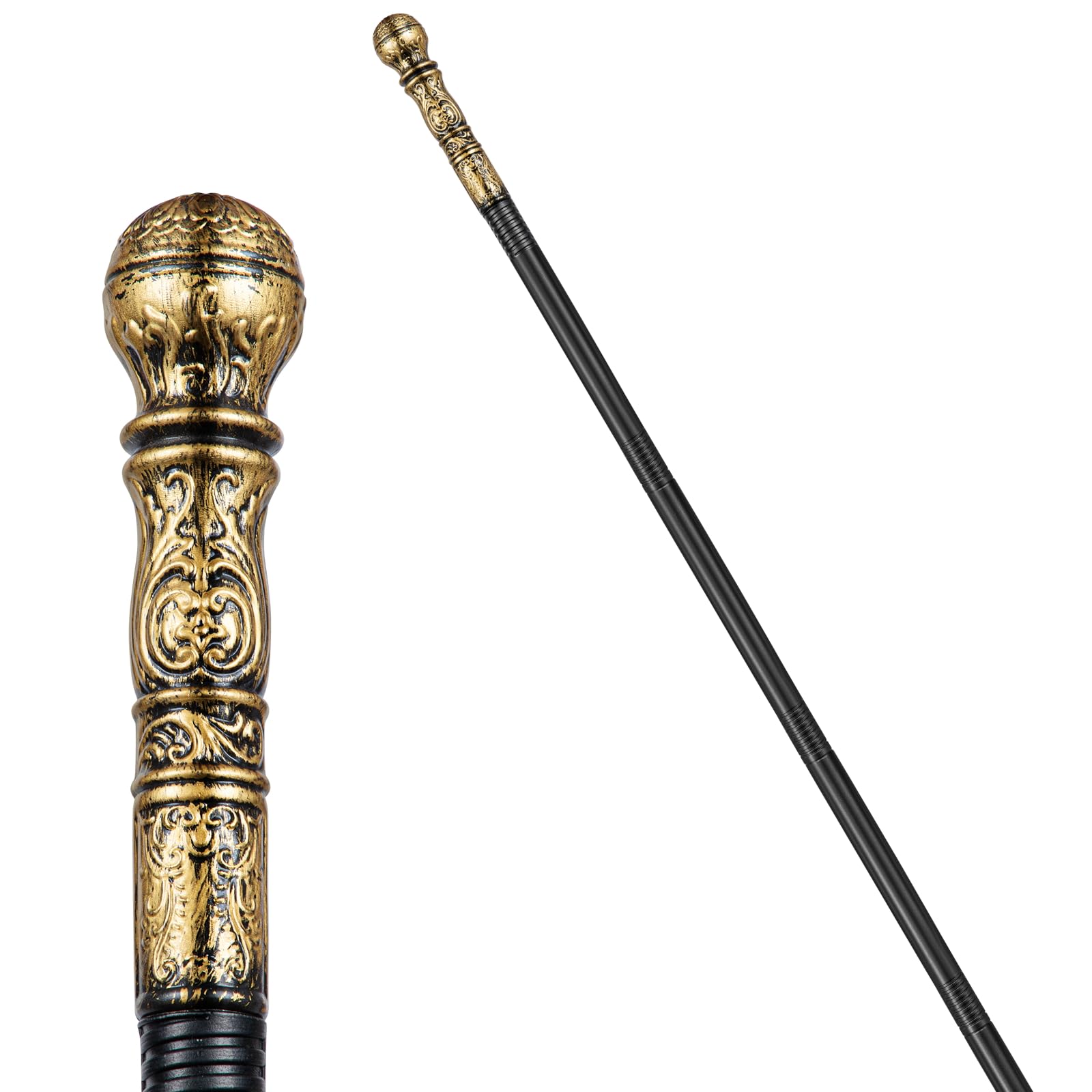Halloween Vintage Cane Scepter Wizard Staff, 4-Section King Staff 55 inches Golden/Silver Elegant Prop Stick Scepter Walking Canes for Adult Dress-up play and pretend Parties (brushed gold)