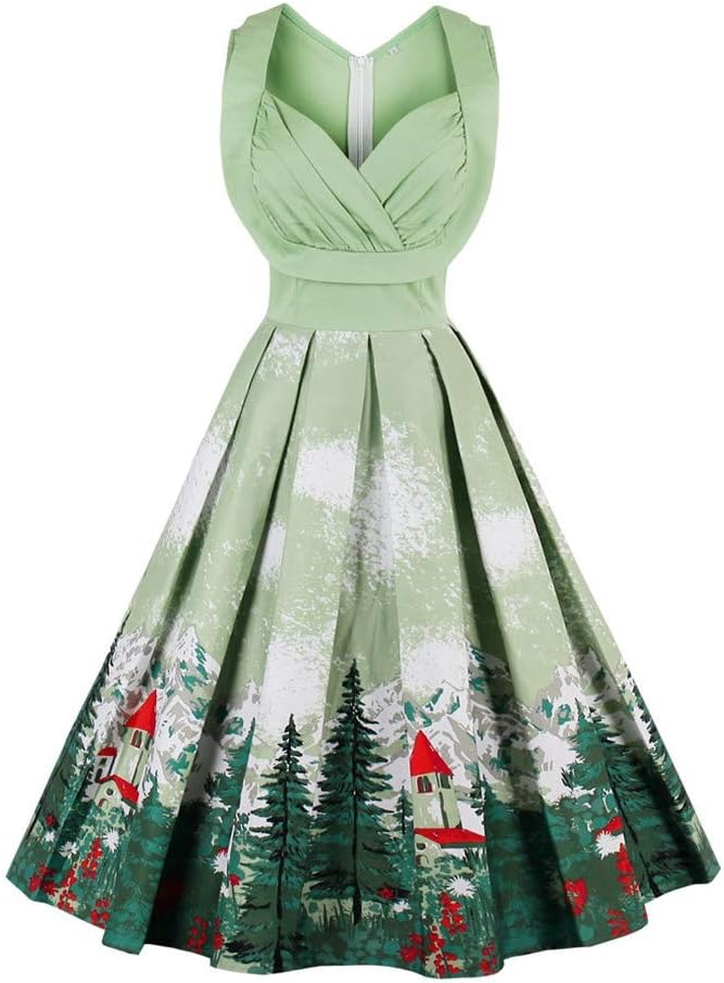 LeaLac Women's Vintage Christmas Santa Print High Waist Plus Size Party Swing Dress