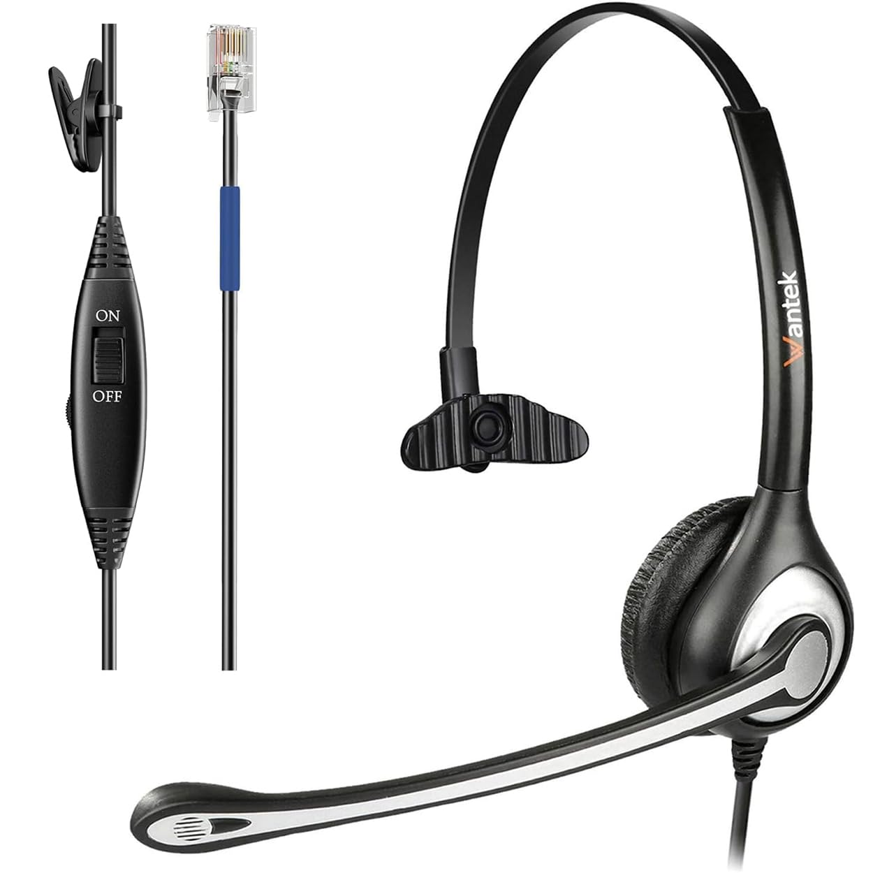 Wantek Telephone Headset RJ9 Monaural with Noise Cancelling Microphone, Corded Call Center Phone Headsets