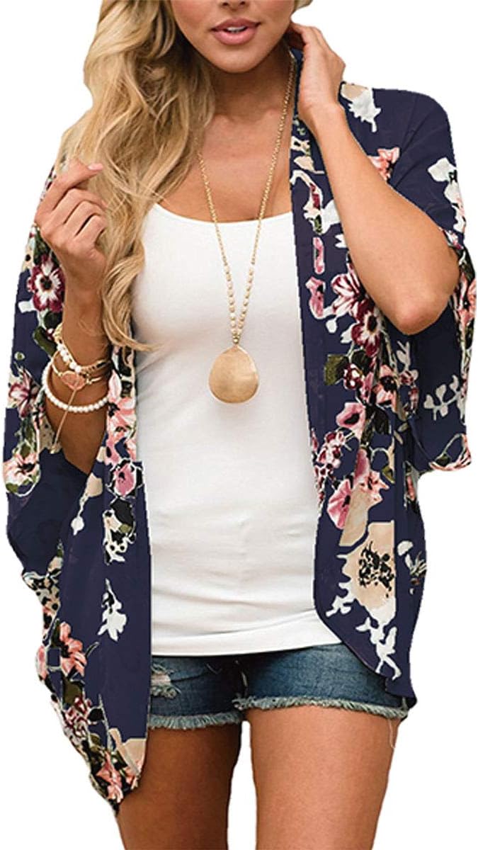 YONHEEWomen Chiffon Loose Shawl - Floral Cover Up Chiffon Print Kimono Beachwear Boho Summer Casual Blouse Swimwear Cardigan Swimsuit