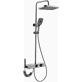 Lefton Temperature Display Shower Set with Dual Shower Head, Waterfall Shower Faucet Set with Spray Gun, 4-in-1 Rotatable Control, Adjustable Water Outlet Modes and Hot &amp; Cold Water, Grey, SST2205-2