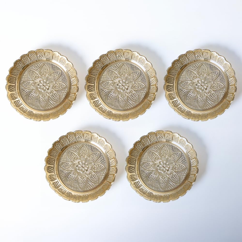 Shubhkart Solid Brass Engraved Plate Set 11 cm (Pack of 5) – Indian Decorative Ritual Plates for Puja, Meditation & Festive Décor | Traditional Hindu Offering Plates for Home Altar & Cultural Gifting