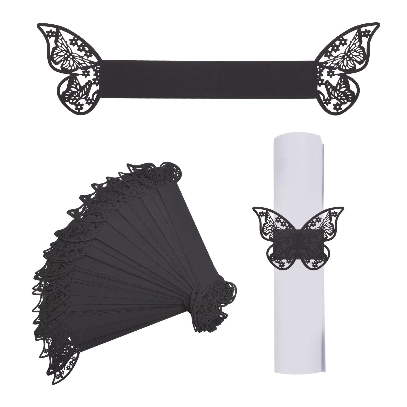 URROMA Napkin Rings, 50 Pcs Black Hollowed Butterfly Napkin Rings Serviette Ring Holder Table Decoration