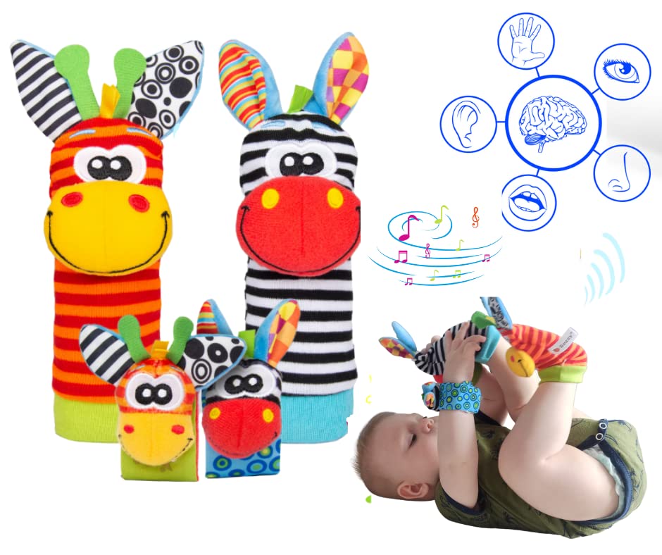 Sozzy Socks - Sensory Baby Toys - Foot Rattle & Hand Foot Set - 4pcs - Developing Newborn's Senses - Soft, Baby Safe