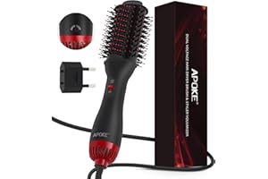 APOKE Dual Voltage Hair Dryer Brush with UK Plug Blow Dryer Brush for European Travel 110V-120V/220V-240V One Step Hot Air Brush and Styler Volumizer with Negative Ion Anti-frizz (Black+red)