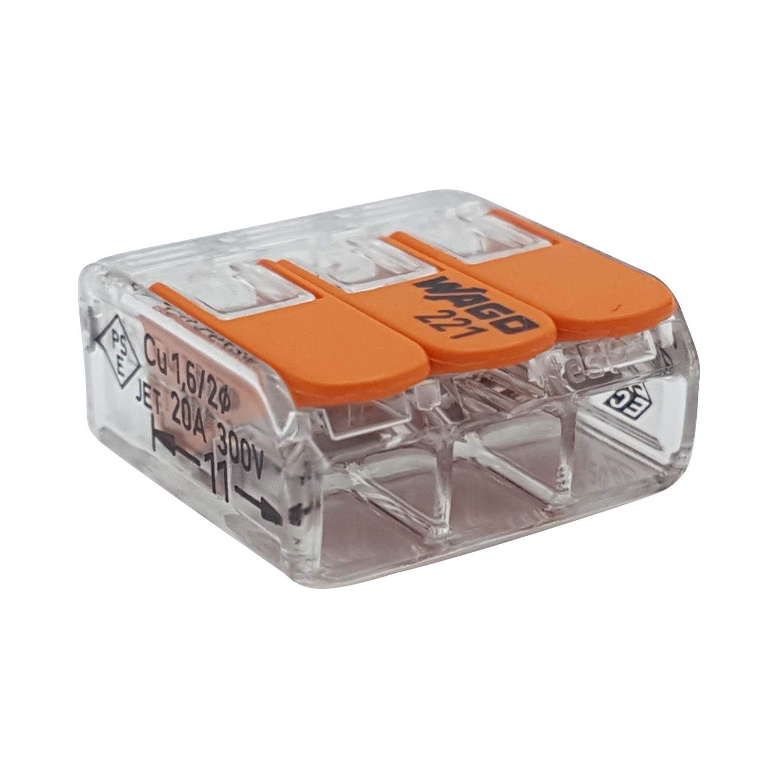 100 Pieces Wago 221-413 Connection Terminal 3 Wires with Lever 0,2-4 qmm Small Design, Transparent