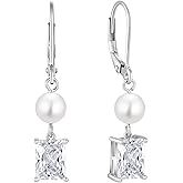 FJ Pearl Drop Earrings 925 Sterling Silver Emerald Cut Dangle Leverback Earrings Birthstone Jewelry Gifts for Women