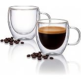 guuminsting Double Wall Insulated Espresso Shot Cups 5.4 OZ Set of 2, Small Clear Borosilicate Glass Demitasse Coffee Mugs with Handles
