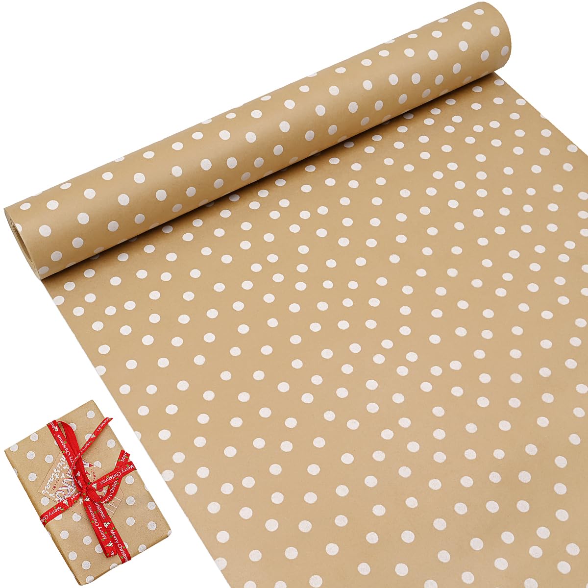 OTMVicor Roll Package Birthday Wrapping Paper, 43cm x 15M Kraft Paper Printed with White Dots Recyclable Gift Wrapping Paper