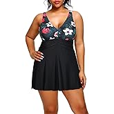 Holipick Plus Size Swim Dress Women - One Piece Swimsuit with Skirt V Neck Tummy Control Bathing Suit
