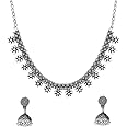 Yellow Chimes Antique Silver Oxidized Ethnic Indian Traditional Leaf Charm Pink Thread Neck Dori Necklace Earrings Jewelry Set