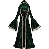 AGCOAH Women Medieval Renaissance Hooded Dress Adult Vintage Lace Trumpet Sleeves Witch Costume Halloween Victorian Cosplay