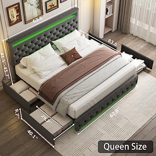 Queen Size LED Bed Frame with Adjustable Upholstered Headboard, LED Light Headboard Footboard, 4 Underbed Drawers, Wooden Slats Support, Metal Platform Bed Frame, No Box Spring Needed, Velvet Grey