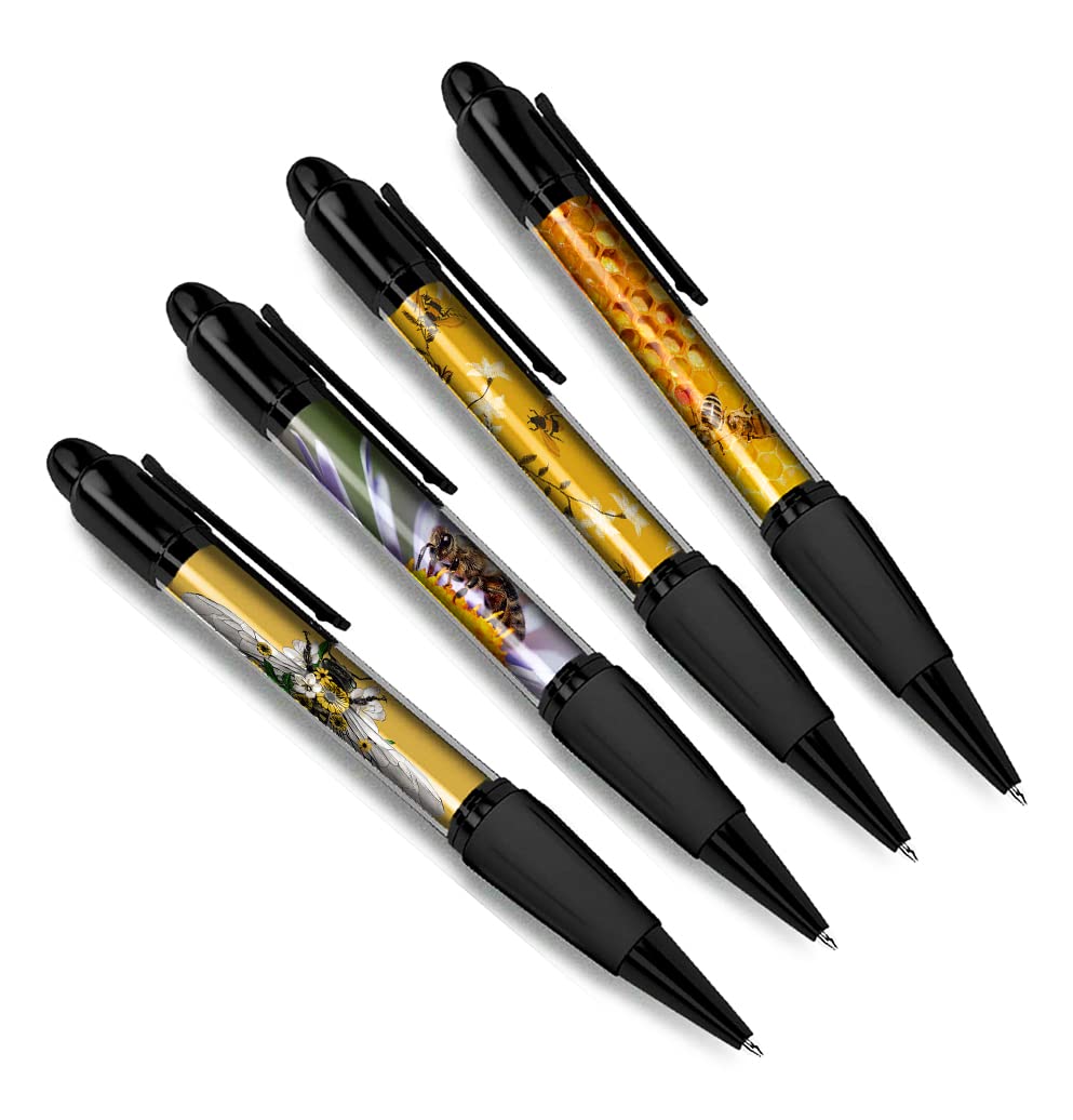 DV DESIGN Set of 4 Bee Black Ballpoint Pens - Insect Honeycomb Queen Bee Wasp Yellow Animals Flower Boys Girls Men Women Theme Pen #79325