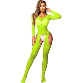 Kaei&amp;Shi Fishnet Bodysuit For Women Fit 0-18, Sexy Long Sleeve Bodystocking, Plus Size Exotic Sheer Lingerie Glow Rave Outfit