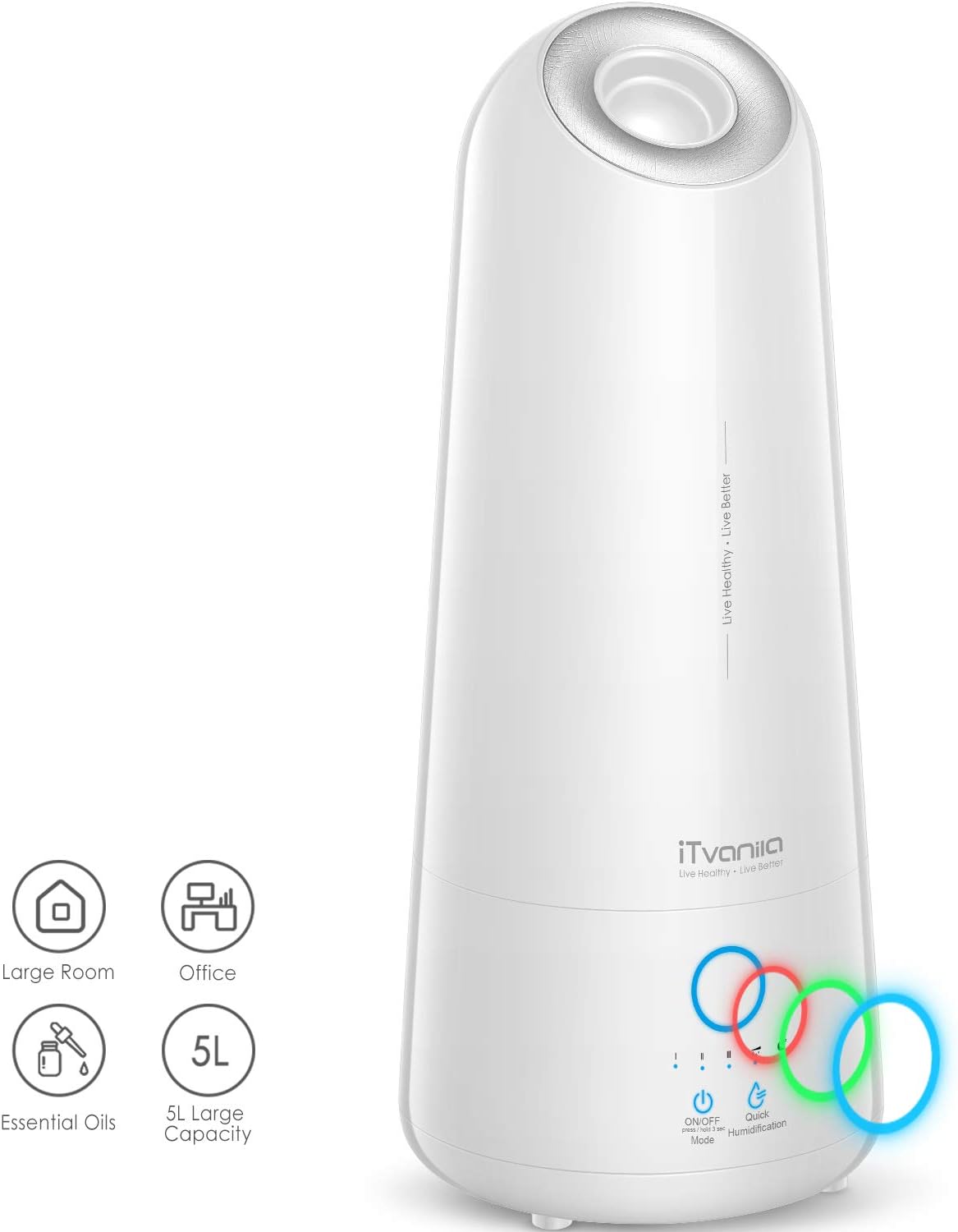 iTvanila Humidifiers, Intelligent Cool Mist Humidifier for Large Bedroom, Living and Baby Room, 5.0L Large Capacity, Smart Mist Adjustment, Sleep Mode and Auto Off Protection (White)