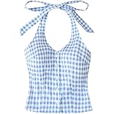 Milumia Women's Gingham Plaid Halter Top Tie Backless Sleeveless Button Front Crop Tank Tops