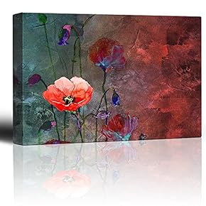 Poppy Flowers Artwork Over a Blue and Red Picture with Abstract Painting Background - Giclee Prints Canvas Wall Art Modern Home Art | Stretched Gallery Wrap Ready to Hang - 12x18 inches