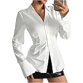 GORGLITTER Women's Button Up Fitted Blouse Dressy Bell Sleeve Office Work Shirt Cinched Waist Tops