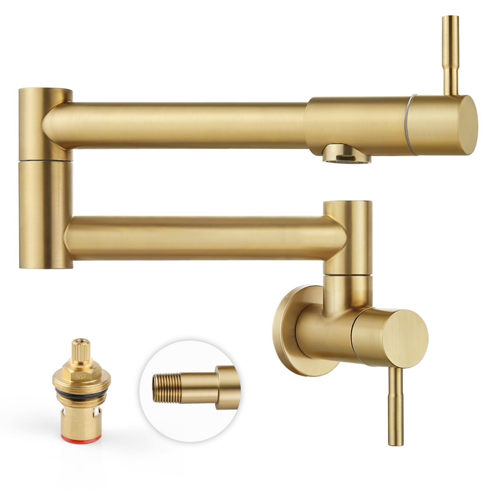 Heyalan Brushed Gold Pot Filler Faucet 19 Inch Folding Stretchable Wall Mount Kitchen Restaurant Faucet SUS304 Stainless Steel with Double Joint Swing Arm Single Hole Two Handles Commercial NPT