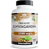 NaturaLife Labs Organic Ashwagandha 2100 mg per Serving – Herbal Supplement Root Powder & Extract – 100 Capsules – Vegan, Non-GMO, Gluten-Free