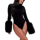 Xoehigc Womens Bodysuits Long Sleeve Mock Neck Faux Fur Cuffs One Piece Outfits Going Out Tops Sexy Club Outfits