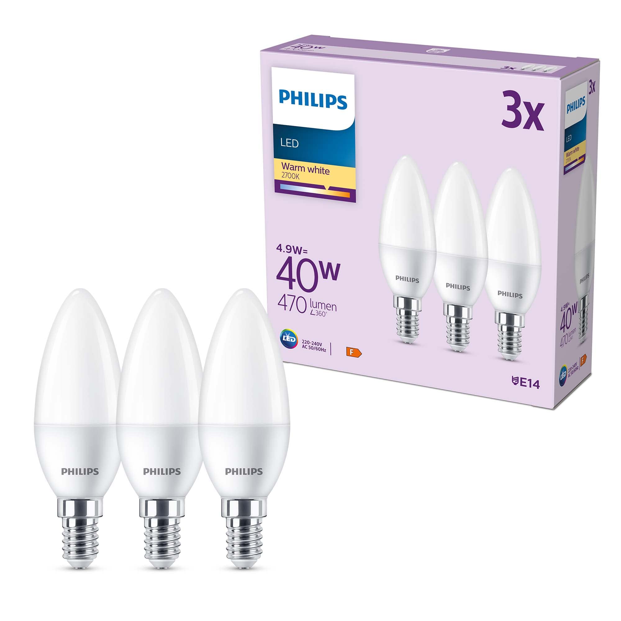 Philips LED Frosted B35 Candle Light Bulb 3 Pack [Warm White 2700K - E14 Small Edison Screw] 40W, Non Dimmable. for Home Indoor Lighting